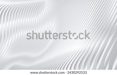 Metallic abstract wavy stripes background. Shiny metal striped surface. Abstract futuristic white silver architecture background. Modern design with wavy pattern. Futuristic interior concept. Vector.