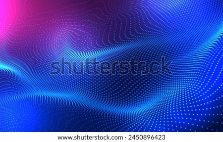 Abstract digital waving 3d particle technology background design. Futuristic moving dots particles, hi-tech and big data visualization for brochures, flyers, magazine, business card, banner. Vector.