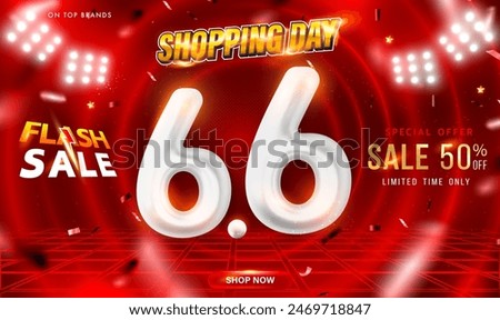 6.6 Shopping Day Sale Banner Template on red technology background. 6.6 3D Flash sale with spotlight LED. Mid Year Sale. Vector June Special Offer for Ads, social media, Shopping online. Vector EPS10.