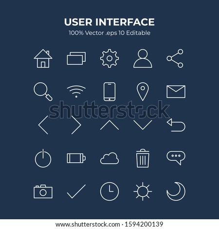Basic universal user interface elements. White thin line icon set, for mobile app and web. Home, bluetooth, search, arrow buttons. Editable vector illustration.