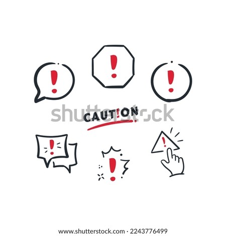Set of Warnings Doodle Line Icons. Alert, Exclamation Mark, Warning Sign Symbol Vector Illustration Drawings