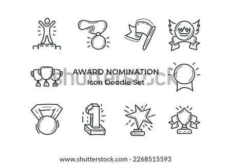 Award best nomination line vector icons set. Collection of awards champion doodle hand drawn
