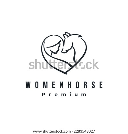 Women and horse love heart beautiful logo design concept. Animal care vector line illustration