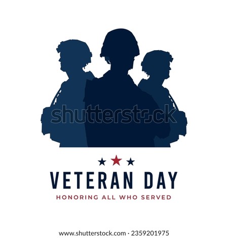 Veteran day logo with US army soldier silhouette. Vector background greeting text illustration.