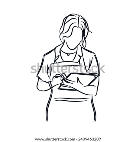 Female businesswoman working with tablet digital. Line hand drawn sketch vector illustration