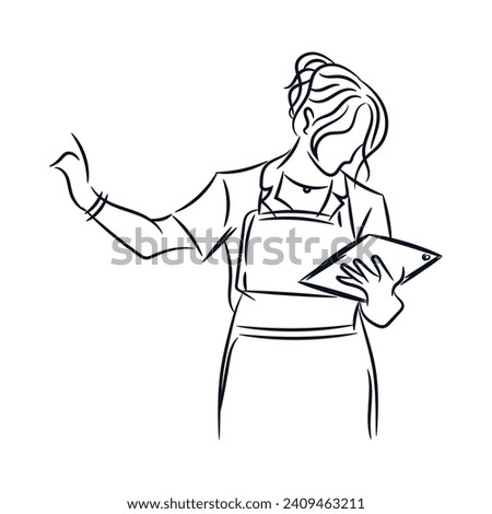 Female businesswoman working with tablet digital. Line hand drawn sketch vector illustration