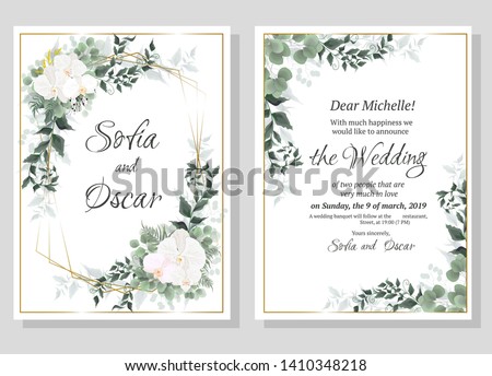 Vector floral pattern for wedding invitations. Orchid flowers, gold frame, green plants, leaves. All elements are isolated.