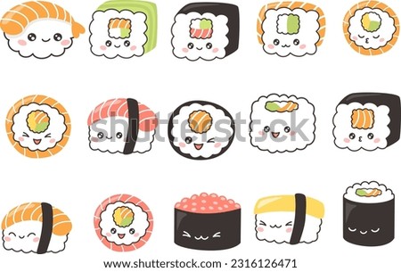 Vector character collection. Cute sushi and rolls. Fun food set on white background
