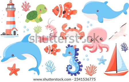 Cute vector nautical set. Children's illustrations on white background. Dolphin whale sea lighthouse octopus seahorse crab shrimp shrimp seagull turtle turtle. Vector illustration