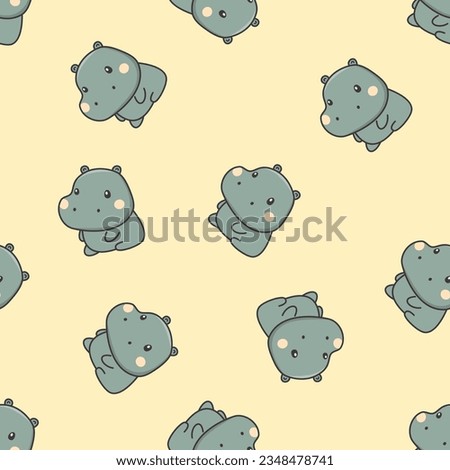 Seamless vector pattern on beige background. Cute gray hippo. Pattern for children's products 