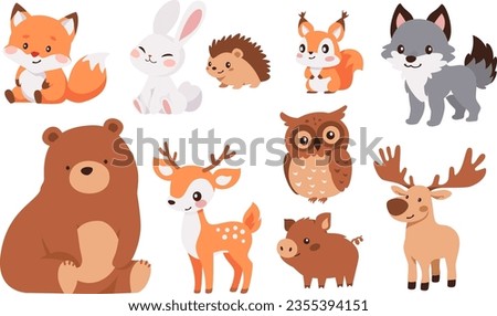 Collection of flat vector illustration with forest animals on white background. Bear deer hare wolf owl squirrel fox elk hedgehog wild boar. Cute children's illustrations on white background 