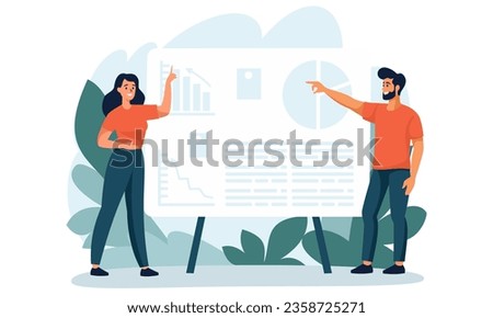 Flat vector illustration. A man and a woman are giving a presentation together, pointing their hands to a large banner. Vector illustration