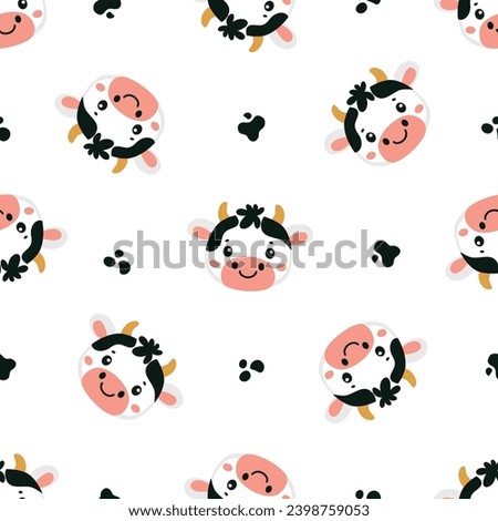 Seamless vector pattern. Cute faces of white cow with black spots on white background 
