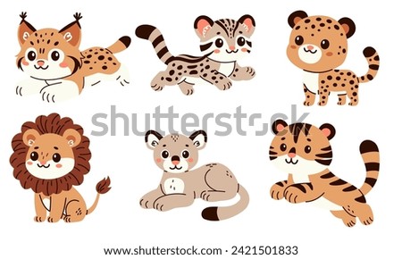 Set of flat vector illustrations in children's style. Cute wild cats lion, tiger, leopard, puma, ocelot, lynx. 
