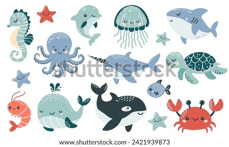 Vector illustration collection in children's Scandinavian style. Orca dolphin dolphin crab jellyfish octopus fish turtle shark seahorse shrimp swordfish