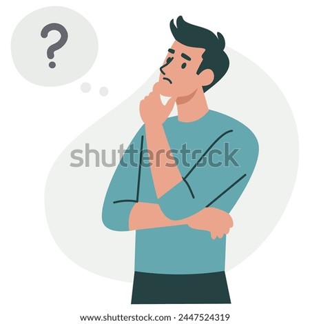 Flat vector illustration. A man is sitting in a pensive pose and thinking over a question. 