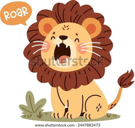 Cute lion roaring loudly with his mouth open. Speech bubble and roar caption.  Flat vector illustration in children's style 
