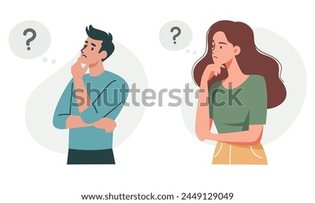 Set of vector illustrations. Man and woman in a pensive pose solving a question. Concept of problem solving 