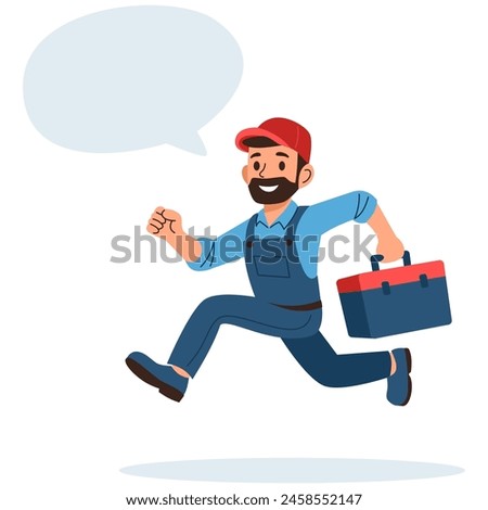 Flat vector illustration. Cheerful plumber running for a call, speech bubble with space for your text 