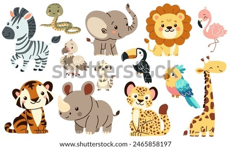 Set of flat vector illustrations in children's style of savannah animals. Cute rhinoceros lemur lion flamingo toucan vulture vulture snake zebra parrot  tiger giraffe leopard cheetah . Vector illustra