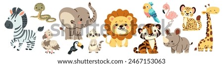 Set of flat vector illustrations in children's style of savannah animals. Cute rhinoceros lemur lion flamingo toucan vulture vulture snake zebra parrot tiger giraffe leopard cheetah 