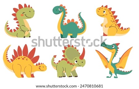 Set of vector illustrations in cartoon style. Super Cute dinosaurs on white background