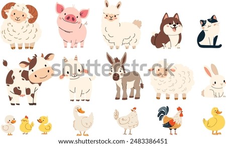 Set of flat vector illustration on white background. Domestic farm animals. Cow pig lamb sheep sheep horse dog dog cat goose goose duck hen rooster goat