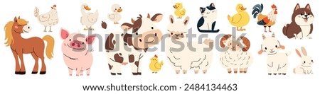 Set of flat vector illustration on white background. Domestic farm animals. Cow pig lamb sheep sheep horse dog cat goose duck hen rooster goat