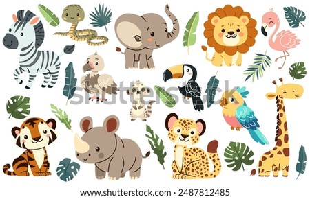 Set of flat vector illustrations in children's style of savannah animals. Cute rhinoceros lemur lion flamingo toucan vulture vulture snake zebra parrot tiger giraffe leopard cheetah tropical leaves