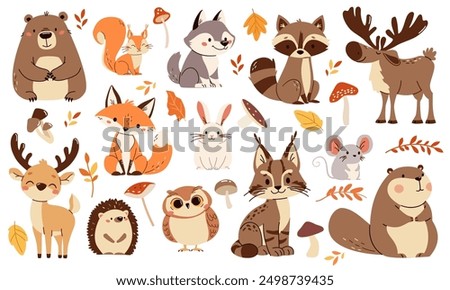 Set of flat vector illustrations. Forest animals, bear mouse hare elk deer hedgehog fox squirrel raccoon beaver lynx owl mushrooms, fall leaves 