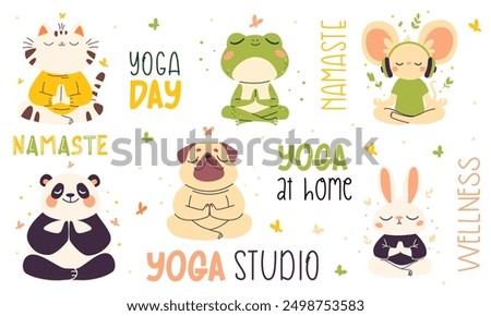 Vector collection of animals in lotus pose. Pug, panda, rabbit, mouse, cat and frog in lotus pose meditating, yoga lettering