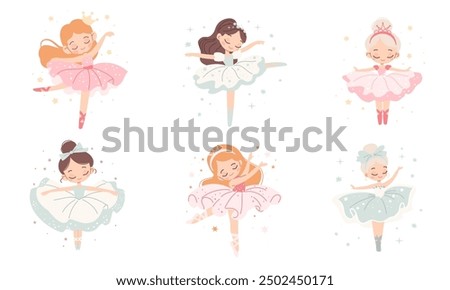 Vector collection of cute dancers. Beautiful ballerina princesses dancing on white background