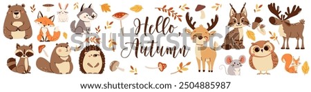 Set of flat vector illustrations. Forest animals, bear mouse hare elk deer hedgehog fox squirrel raccoon beaver lynx owl mushrooms, fall leaves. Lettering Hello, autumn