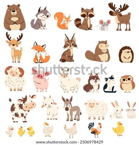 Large set of flat vector illustrations in children's style. Wild animals of summer and farm pets 