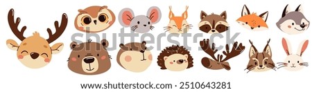 Set of flat vector illustrations. Forest animals, muzzles and faces bear mouse hare elk deer hedgehog fox squirrel raccoon beaver lynx owl