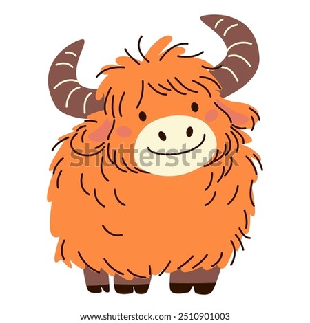 Cute yak on white background. Flat vector illustration in simple child style 