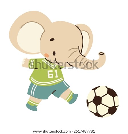 Cute vector illustration in children's style. Cute elephant playing soccer in uniform. Illustration on white background