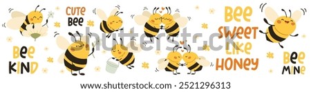 Vector collection of cute children's illustrations. Cute bees collecting honey, hugging kissing and flying. A set of lettering and lettering with a bee theme. 