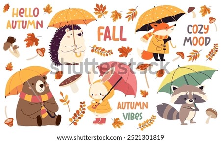 Set of flat vector illustrations in children's style. Cute animals in raincoats and with umbrellas. Hedgehog fox bear raccoon hare in the rain, fall leaves. Autumn-themed inscriptions and lettering