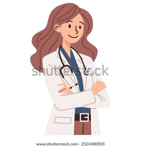 Flat vector illustration on white background. Cute woman doctor in white coat standing with arms folded on her chest