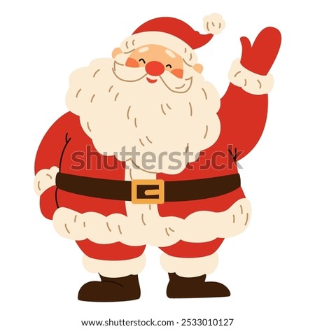 Flat vector illustration in children's style. Cute Santa Claus waving his hand. Holiday illustration on white background 