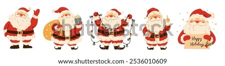 A set of flat vector Christmas illustrations. Cute Santa Clauses in different poses