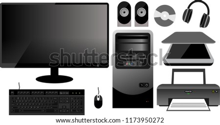 Set of Desktop Computer, Headset, 2.0 Speaker, Printer and Scanner Vector Illustration