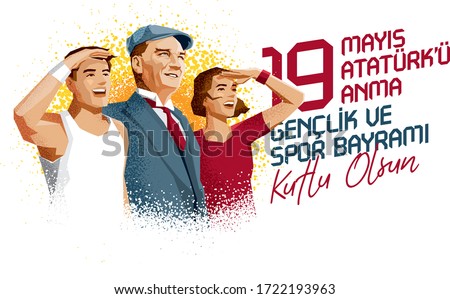 19 mayis Ataturk'u Anma, Genclik ve Spor Bayrami greeting card design. 19 May Commemoration of Ataturk, Youth and Sports Day. Vector illustration. Turkish national holiday.
