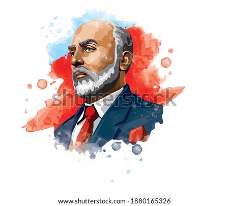 Mehmet Akif Ersoy (1873-1936) Turkish poet, author, academic and member of parliament. Vector watercolor illustration.  