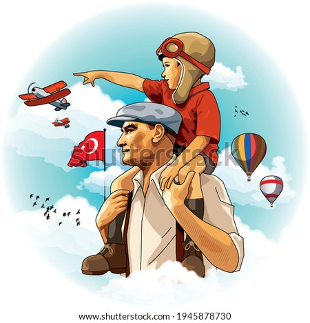 Atatürk carries the little boy on his shoulders