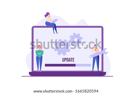 People updating operation system with progress bar. Software upgrade and installation program. Concept of system update, integration, software installation. Vector illustration for UI, mobile app Photo stock © 