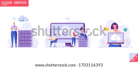 Web hosting. Concept of cloud computing, online database, technology, security, computer, web data center, server.  Vector illustration for web banner, infographics, mobile app