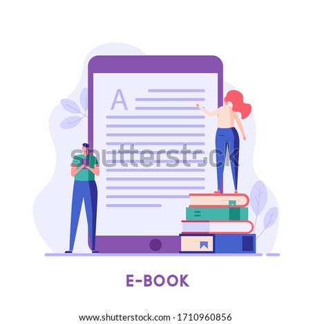 People or students standing and learning text with e-book. Digital library service. Concept of  reading ebook, archive of books, modern online education. Vector illustration in flat design