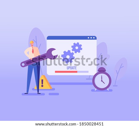 User updating operation system with progress bar. Software upgrade and installation program. Concept of system update, integration, software installation. Vector illustration for UI, mobile app